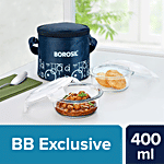 Borosil Grace Round Transparent Glass Tiffin Box With Vertical Navy Blue Bag 400 ml (Set of 2)