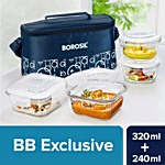 Borosil Grace Transparent Glass Tiffin Box With Navy Blue Bag 4 pcs (320 ml x 2 + 240 ml x 2)