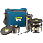 Urban Chef Stainless Steel Lunch Box - With Spoon & Insulated Fabric Bag, Grey 4 pcs
