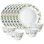 Larah by Borosil Cripper Fluted Series Opalware Thali Set - White 18 pcs
