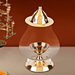 Prime-Metal Designer Brass Jyot, Designer Glass Akhand Jyot With Borosilicate Green Glass 1 pc