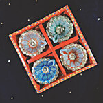 House of Festivals Multicolour Flower Print Decorative Handmade Clay/Mitti Diya/ Traditional - For Pooja, Diwali 4 pcs