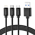 Ambrane Unbreakable 3 In 1 USB Fast Charging Cable With Type C, Lightning, Micro USB Port With 2.1 A, 1.25M, Trio-11, Black 1 pc