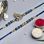 eCraftIndia Peacock Design Pearls Rakhi Set With Roli Chawal - Blue & Golden 2 pcs