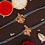 eCraftIndia Religious Rakhi Set With Roli Chawal - Blue & Golden 3 pcs