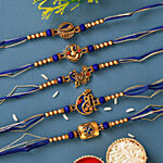 eCraftIndia Religious Rakhi Set With Roli Chawal - Blue & Golden 5 pcs