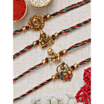 eCraftIndia Designer Rakhi Set With Roli Chawal - Golden Laddu Gopal, Lord Krishna Playing Flute, Ganesha, Shivling 4 pcs