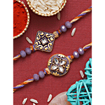 eCraftIndia Stone Designer Rakhi Set With Roli Chawal Pack - Purple & Golden 2 pcs