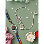 eCraftIndia Peacock Feather & Tree Design Bracelet Rakhi With Roli Chawal - Silver & Colourful 2 pcs