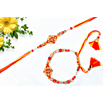 Pearlfiesta "Bhaiya Bhabhi" Rakhi Set With Lumba Rakhi - Red & Golden 2 pcs