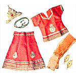Brodees Radha Dress Set For Girls - Assorted Colours, Size 26, 5 to 6 Years 7 pcs (1 Choli, 1 Lehenga, 1 Armlet, 1 Mala, 1 Mukut, 1 Dupatta, pair of ear rings)