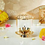 Klassic Swastik Akhand Diya 8.5 cm With Borosilicate Glass Shade - Decorative Brass & Glass Oil Lamp 1 pc