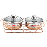 Kitchen Essentials Stainless Steel Copper Bottom Handi - With Glass Lid, Copper Coated Serving Stand 1 L (Set of 2)