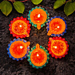 House of Festivals Gold Base Round Colourful Clay Diya 6 pcs
