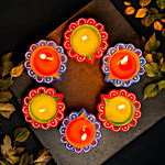 House of Festivals Detailed Flower Design Clay Diya - With Colourful Wax 6 pcs