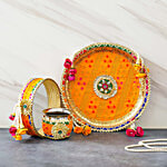 eCraftIndia Multicolour Floral Designer Stainless Steel Karwa Chauth Pooja Thali Set 3 pcs