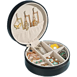 Pearlfiesta Mini Round Jewlery Box Organizer - Leather Zipper Portable, For Girls & Women - Black 1 pc