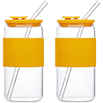 Sanjeev Kapoor Berno Borosilicate Mason Jar With Glass Straw, Silicone Lid & Sleeve - Yellow 500 ml (Set of 2)