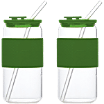 Sanjeev Kapoor Berno Borosilicate Mason Jar With Glass Straw, Silicone Lid & Sleeve - Green 500 ml (Set of 2)