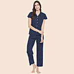 Clovia Button Down Anchor Print Cotton Shirt & Pyjama - Navy 1 Set (Size - M)