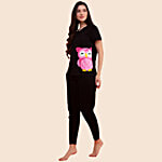 Clovia Owl Print Cotton Top & Pyjama - Black 1 Set (Size - M)