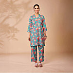 Daali Turq Blue Cotton Regular Fit Floral Print Kurta 1 Set (Size - XXL)