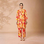 Daali Orange Cotton Regular Fit Floral Print Kurta 1 Set (Size - S)