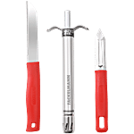 Fackelmann Stainless Steel Serrated Sharp Knife, Peeler & Gas Lighter Set - Red 3 pcs