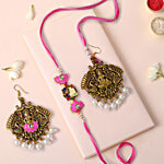 FNP Pearl Design Lumba Rakhi With 1 Pair Earring Jewellery - Pink, Gold Colour 2 pcs