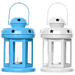 eCraftIndia Iron Wall Hanging Lantern Tea Light Candle Holders - White & Blue 2 pcs