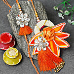 eCraftIndia Bhaiya Bhabhi Floral Designer & Orange Lumba Rakhi With Roli Chawal 2 pcs
