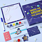 FNP Junior Kids Rakhi Hamper Set With Re-Writable Board, Marker Pen, Fridge Magnet, DIY Cutout Strings, Paints, Card, Roli Chawal 1 pc