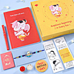 FNP Ganesha Rakhi Gift Hamper Set With Diary, Infinity Pencil, Fridge Magnets, Bookmarks, Card & Roli Chawal 1 pc