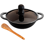 Lifelong Cast Iron Kadhai With Glass Lid & Wooden Spatula 3.3 L