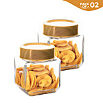 Yera Square Borosilicate Glass Jar - With Wooden Finish Lid 595 ml (Set of 2)