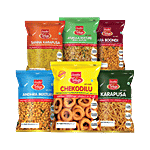 Swetha Telugu foods Combo-Andhra & Atukula Mixture, Chekodilu, Kara Boondi, Karapusa, Sanna Karapusa 185 g (6 Items)