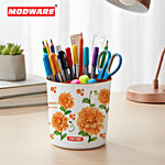 Modware Kany Multipurpose Stand/Toothbrush Holder With Flower Print - White & Brown 1 pc
