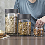 Cello CELLO Modustack Glassy Storage Jar 2000 ml, Grey | Food Frade, Stackable & Space Saving Fridge Container Jar | Transparent Air Tight Kitchen Glass Jar For Cookies Snacks Pulses Dry Fruits Nuts Grains 2 L