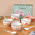Nestasia Floral Pattern Ceramic Soup Bowls With Spoons 400 ml (Set of 4)