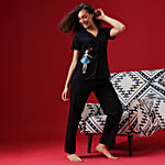 Clovia Cancer Print Button Down Cotton Night Suit - Black 1 Set (Size - XL)