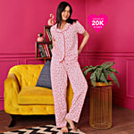 Clovia Strawberry Print Button Down Cotton Night Suit - Baby Pink 1 Set (Size - XL)