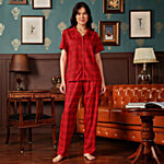 Clovia Classic Checks Button Down Rayon Night Suit - Red 1 Set (Size - M)