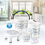 Joyo Bathroom Set - Printed, Blue 5 pcs (Bucket - 16 L, Mug - 1 L, Dust Bin - 7 L., Soap Case, Patla)
