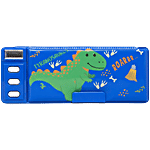 QIPS Dino Print Double-Sided Plastic Pencil Box With Push Buttons & Sharpeners - Blue 1 pc
