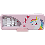 QIPS Be Unique Unicorn Print Metal Pencil Box With Inner Tray & Pen Holder - Pink 1 pc