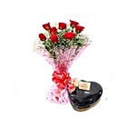 Blooms & Bouquets Combo - 8 Roses & Chocolate Cake, With Egg 1 pc