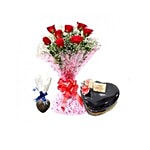 Blooms & Bouquets Combo - 8 Roses, Chocolate Cake & Chocolate, With Egg 1 pc