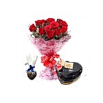 Blooms & Bouquets Combo - 15 Roses, Chocolate Cake & Chocolate, With Egg 1 pc