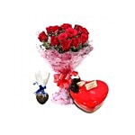 Blooms & Bouquets Combo - 15 Roses, Red Velvet Cake & Chocolate, Eggless 1 pc
