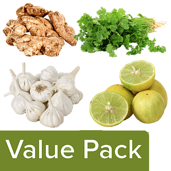Buy Fresho Coriander Leaves 100 g + Garlic 250 g + Ginger 250 g + Lemon